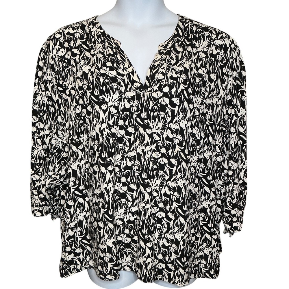 JONES & CO Black‎ White Floral Tie Sleeve Blouse Sz 3X Flowy Coastal-Chic Resort